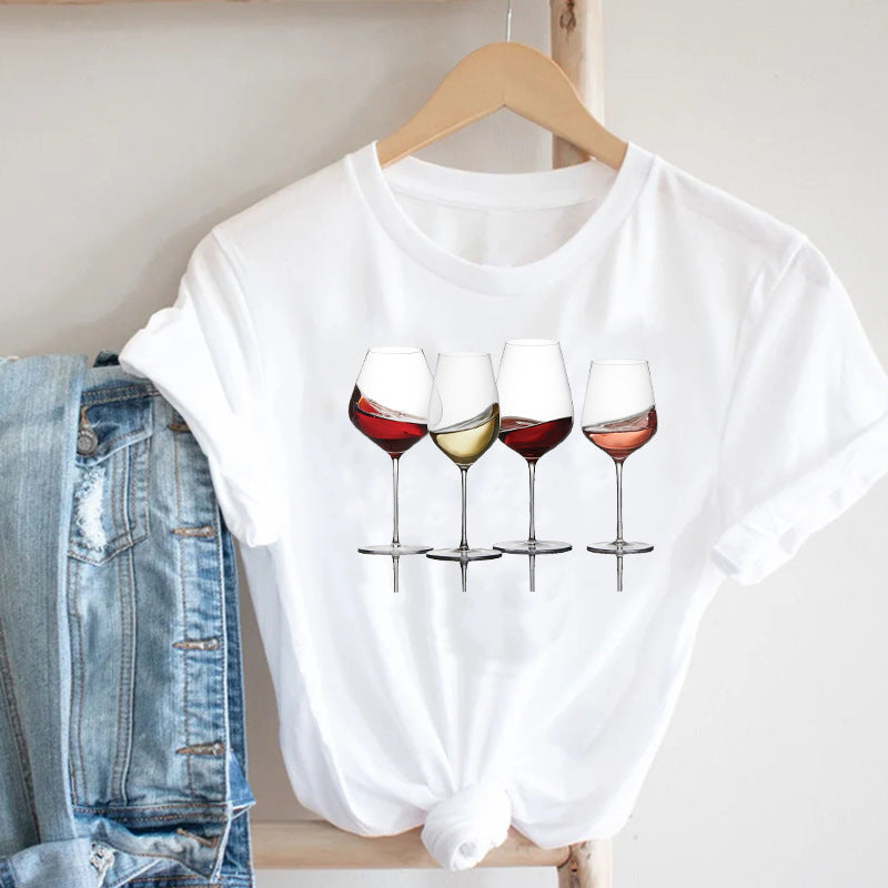 Sip & Style Wine Graphic Tee – Fun & Casual Short-Sleeve T-Shirt! Women Printing Clothing Wine Lady Short Sleeve Casual - JumoShop