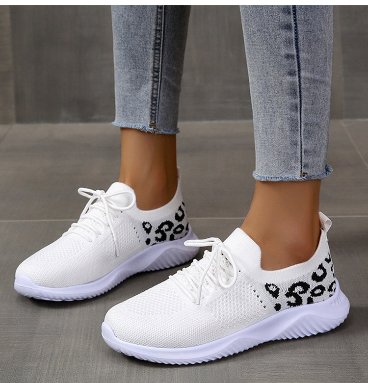 White Shoes - Women Leopard Print Lace-up Sneakers