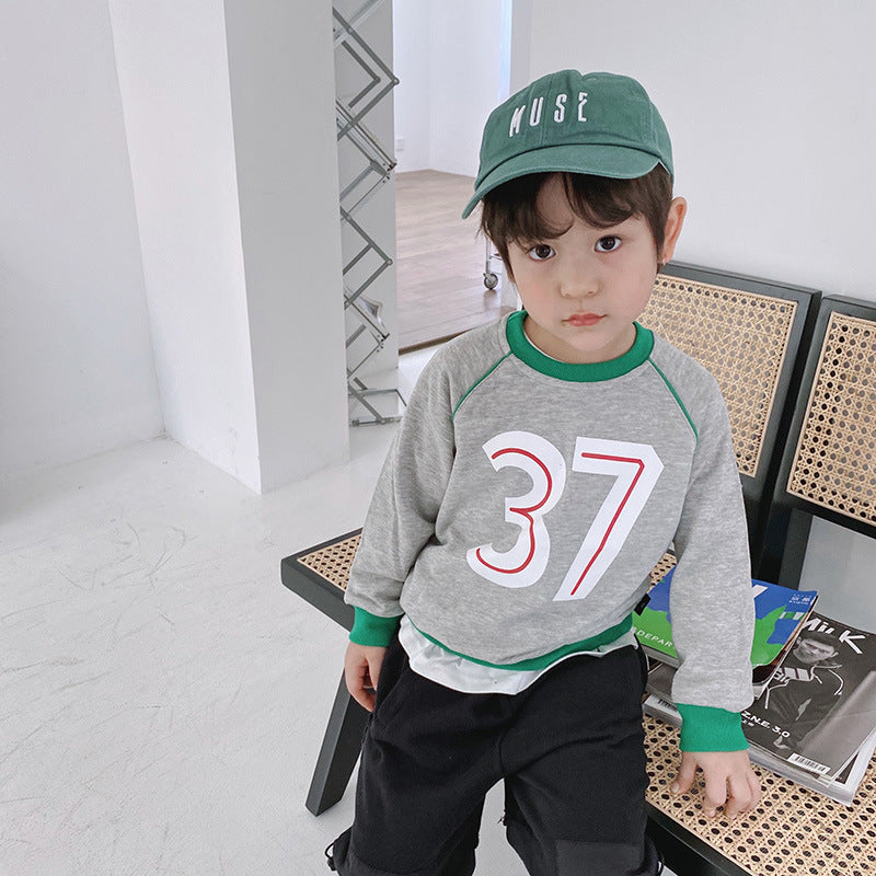 Children's Round Neck Sweater - Boy/Girl Number 37 letter Sweater, color matching Korean boys" sweater