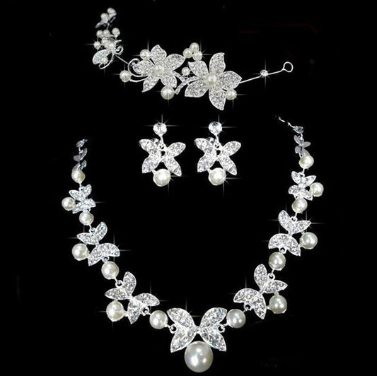Elegant Butterfly Bridal Jewelry Set - Chain Pearl Jewelry / Three Piece Bridal Soft Chain Headdress Bridal Jewelry Set