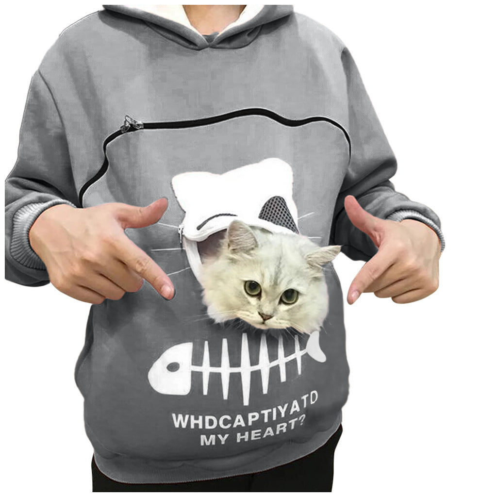 Women Hoodie Sweatshirt With Cat Pet Pocket Design - Long Sleeve Sweater Cat Outfit