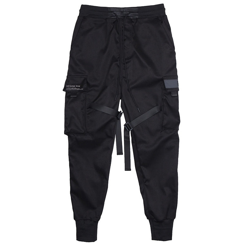 Men Black Hip Hop Cargo Pants - Elastic Waist Jogger Trousers, Sweatpants Pockets, Full Length Casual Fashion