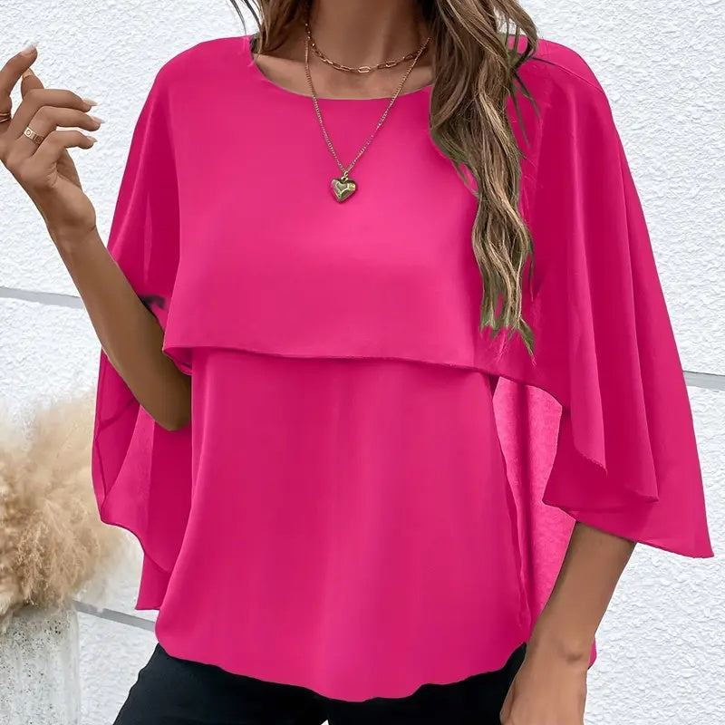 Women's Summer Chiffon Blouse - Casual Scoop Neck Cape Sleeve Tunic Tops Shirts
