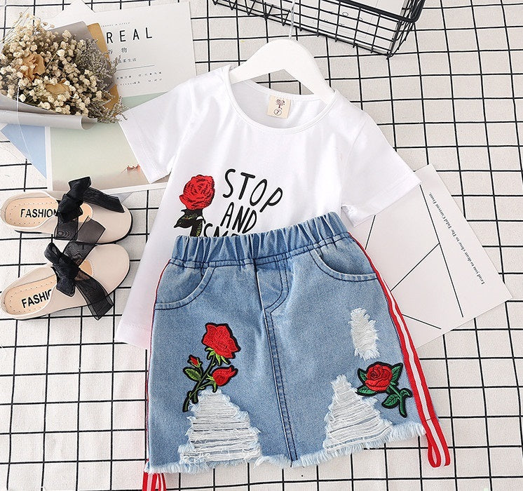 Kids White T-shirt Denim Skirt 2pcs Girls Suits