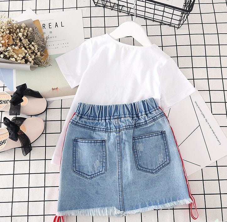 Kids White T-shirt Denim Skirt 2pcs Girls Suits