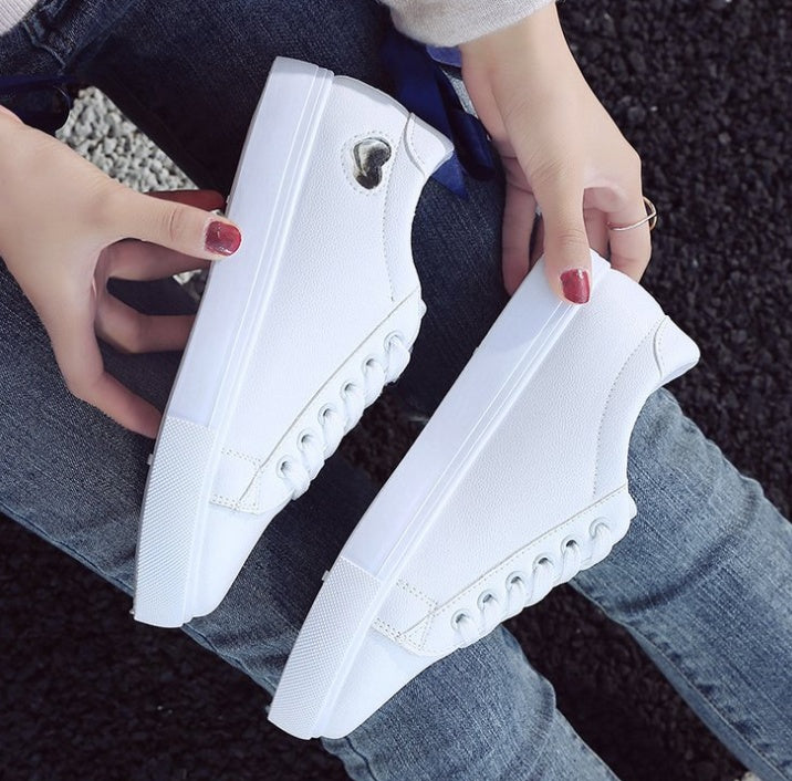 Women Leather Shoes - Ladies Breathable Cute Heart Flats Casual Shoes White Sneakers