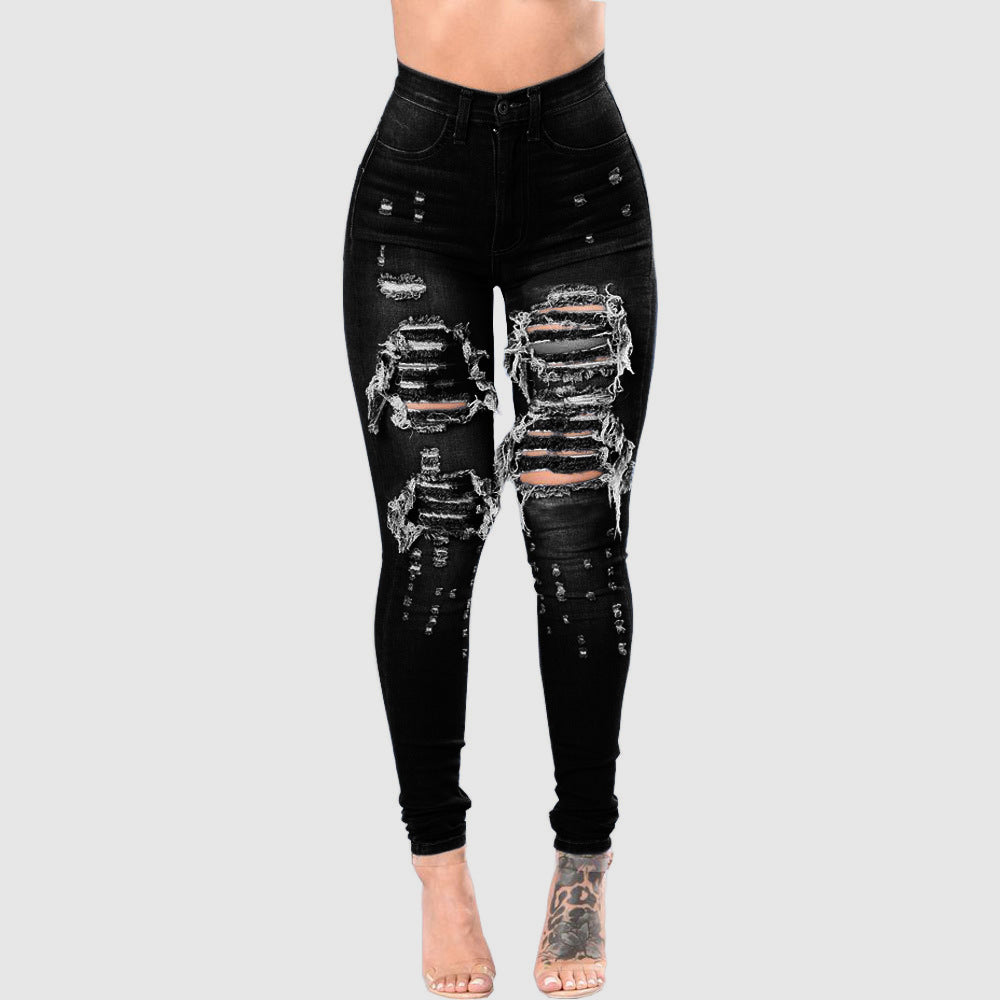 Women's Ripped Denim - Washed Denim Pants