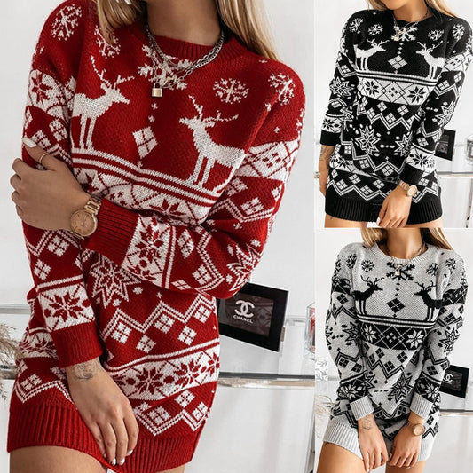 Elk Snowflake Christmas Jacquard Knitted Dress - Long Knitted Sweaters