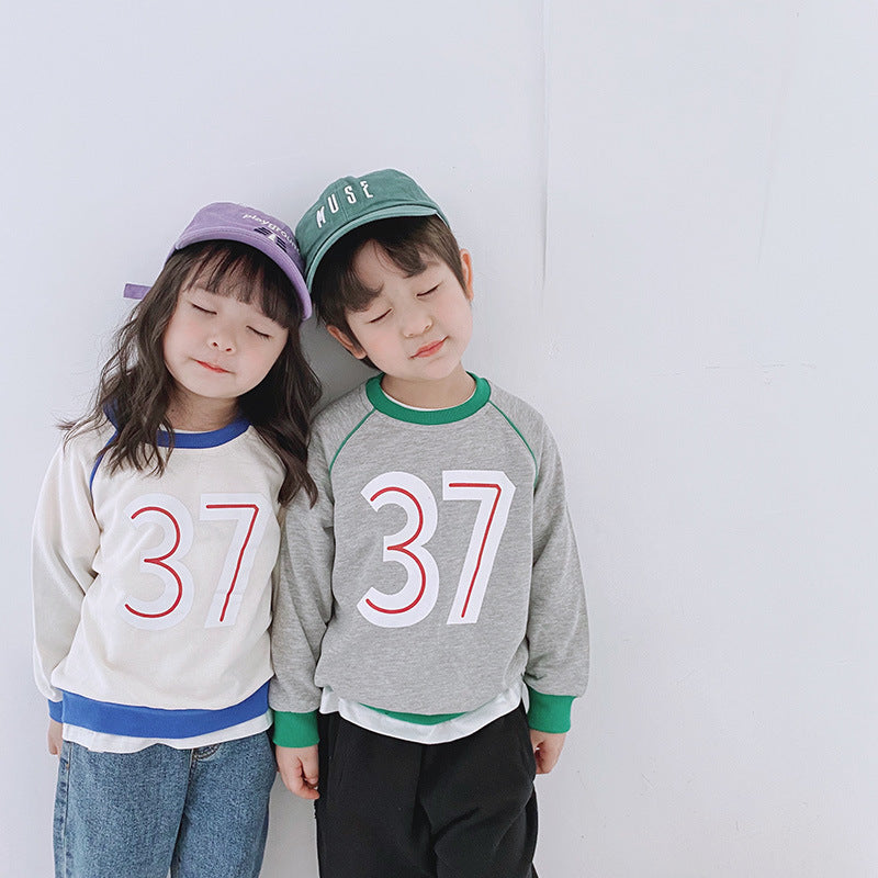 Children's Round Neck Sweater - Boy/Girl Number 37 letter Sweater, color matching Korean boys" sweater