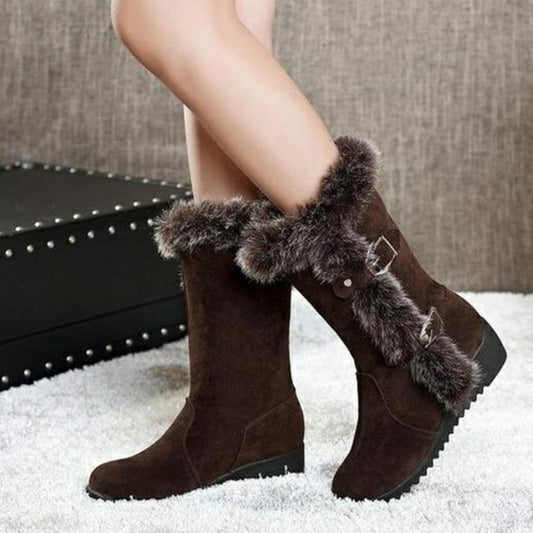 Brown New Winter Women Casual Warm Fur Mid-Calf Boots -  Women Slip-On Round Toe Flats, Snow Boots Shoes
