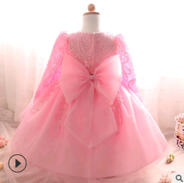 Long-Sleeved Girls Rose Dress - Children's Wedding Dress