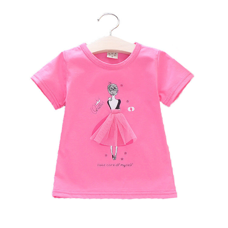 Solid Color Girl Printed T-Shirt - Summer Korean children's wear children's short-sleeved cotton T-shirt cartoon girls shirt small girl half-sleeved shirt