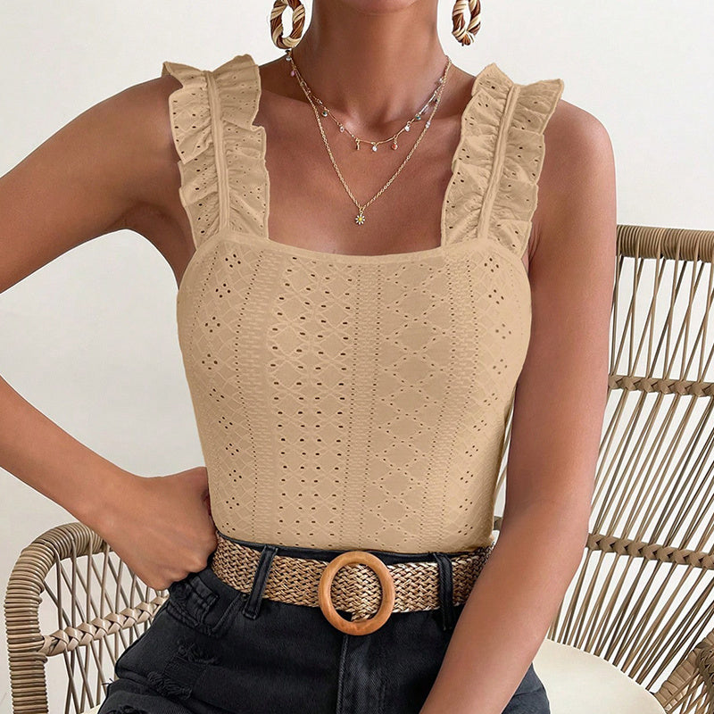 Boho Chic Square Neck Tank Top - Women Sleeveless Tank Tops Ruffle Strap Square Neck Eyelet Blouse Slim Fit