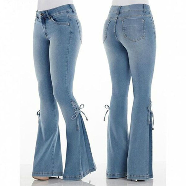 Ladies Mid-Waisted Denim Trousers - Stretchy Jeans