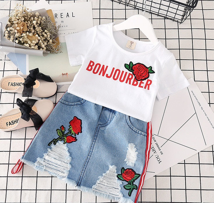 Kids White T-shirt Denim Skirt 2pcs Girls Suits