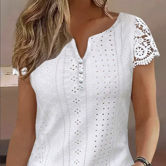 Ladies' Lace Patchwork Sleeves With Hollow Buttons, Casual V-neck Versatile Solid Color Shirt Top