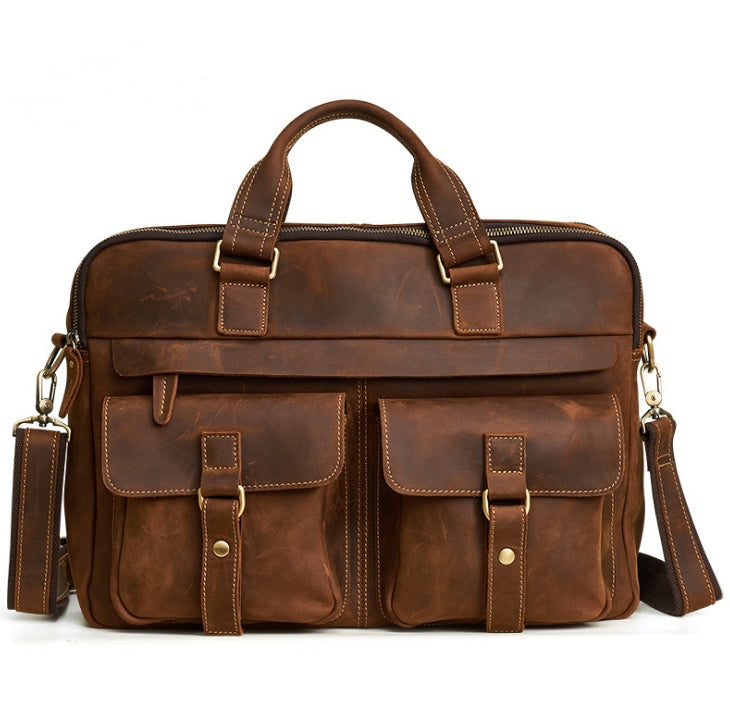 15.6 inch Laptop Bag - Genuine men''s bags retro men''s business bags briefcase cowhide oblique Bag