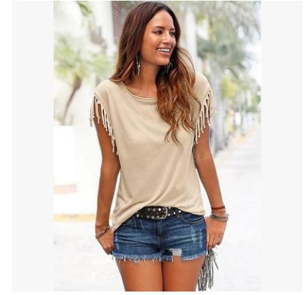 Round Neck Short Sleeve Cuffs Tassel T-shirt