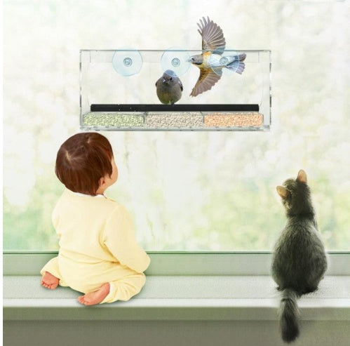 Transparent Acrylic Bird Feeder - Medium Size, Easy-View Window Feeder