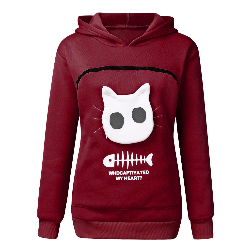 Women Hoodie Sweatshirt With Cat Pet Pocket Design - Long Sleeve Sweater Cat Outfit