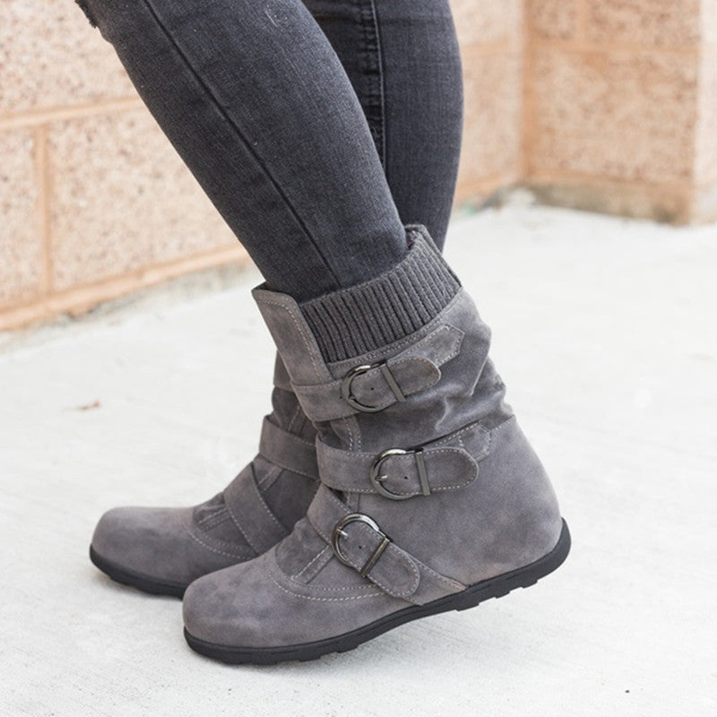 Casual Winter Boots - Strap Buckle Shoes