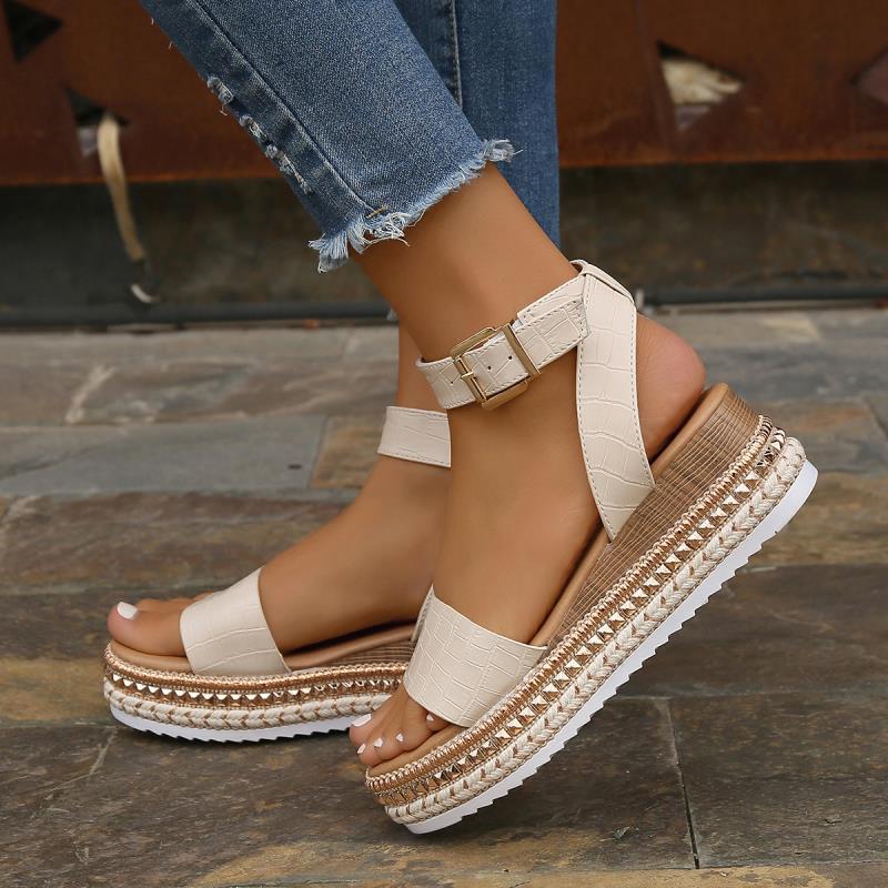 Summer Sandals Buckle Strap - Hemp Wedges Platform Peep Toe Shoes Women