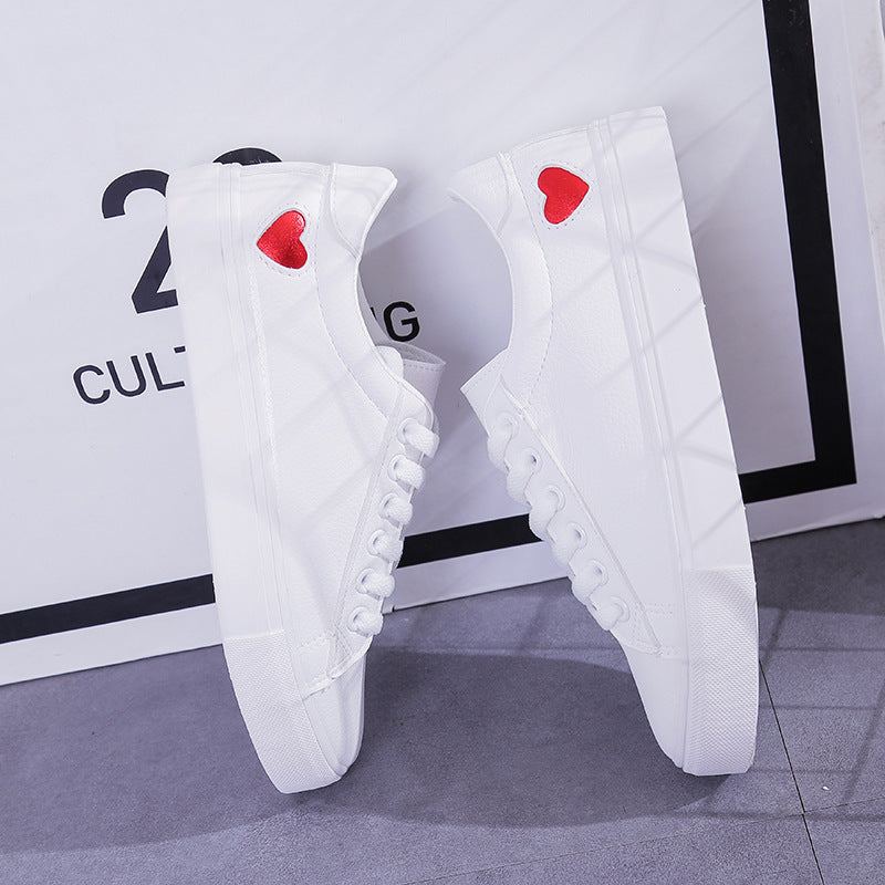 Women Leather Shoes - Ladies Breathable Cute Heart Flats Casual Shoes White Sneakers