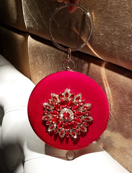 LOLIBOX Women Bags - Women Evening Clutch Bags Velvet Diamond Ring Handbags Small Round Clutch Bag Day Party Clutches Purses