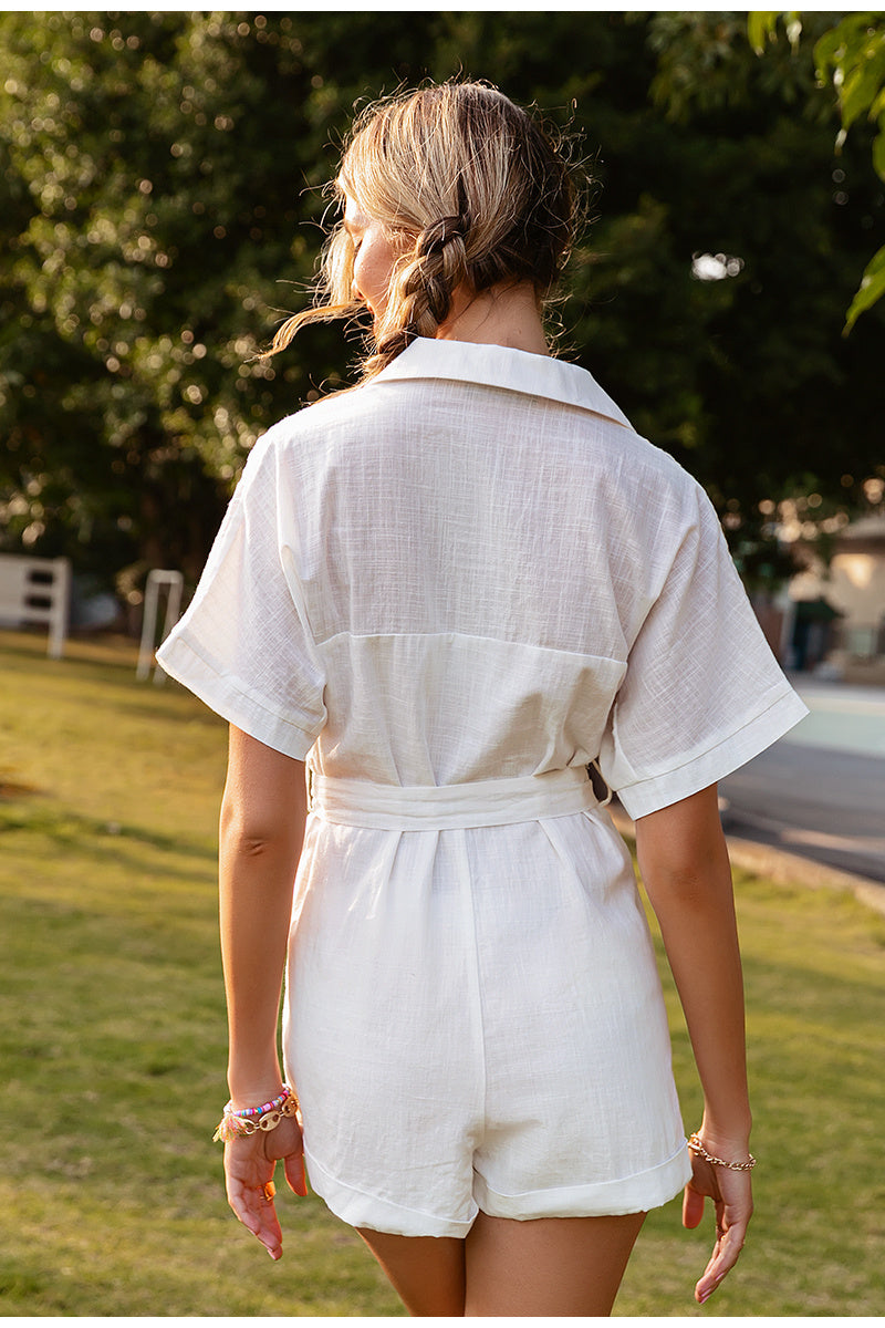 Pure Color Short-Sleeved Lapel Tie Jumpsuit - Casual Women Romper