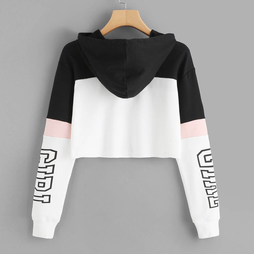 Crop Top Hoodie Sweatshirt - Hoodies Women Patchwork Lett