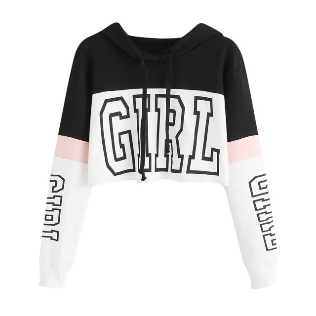 Crop Top Hoodie Sweatshirt - Hoodies Women Patchwork Lett