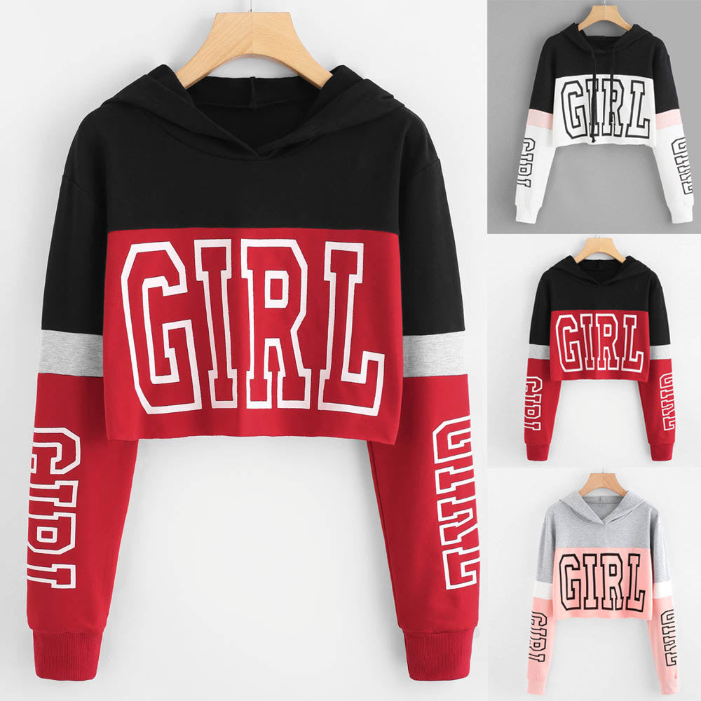 Crop Top Hoodie Sweatshirt - Hoodies Women Patchwork Lett