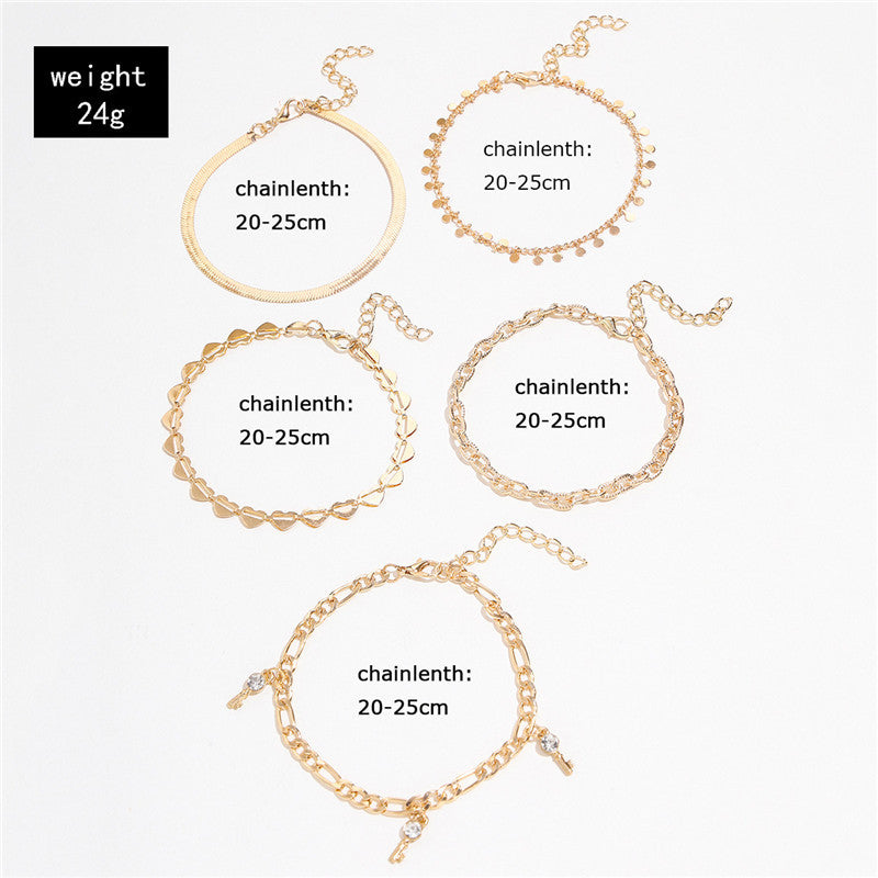 5 Pcs Women Fashion Gold Color Heart Crystal Key Anklets - Trendy Snake Chain Anklets For Women Foot Jewelry Gifts