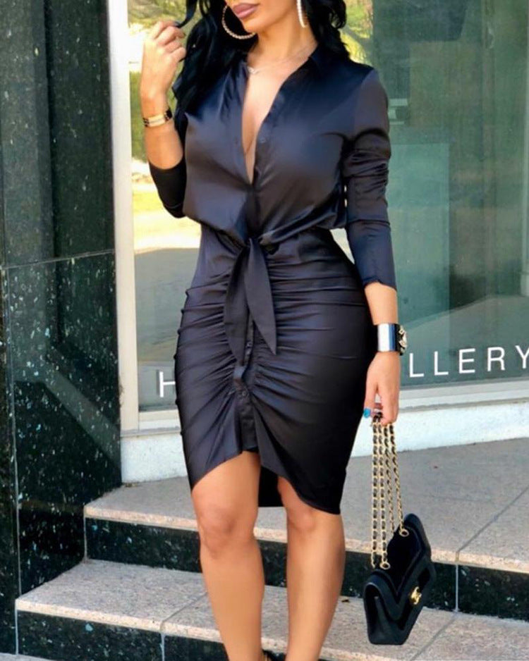 Sexy Long Sleeve Midi Shirt Dress - Elegant Fashion Party Dress