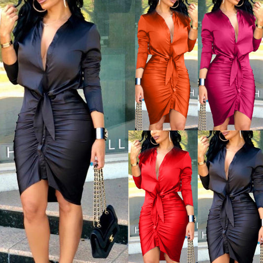 Sexy Long Sleeve Midi Shirt Dress - Elegant Fashion Party Dress