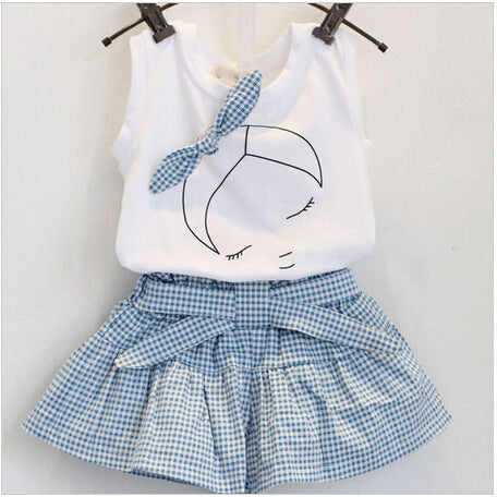 Pretty Girls Fashion Clothes Set  - Short Sleeve Shirt Short Skirt 2 Piece Suits Cartoon Girl Bow Cotton Kids Clothes Set