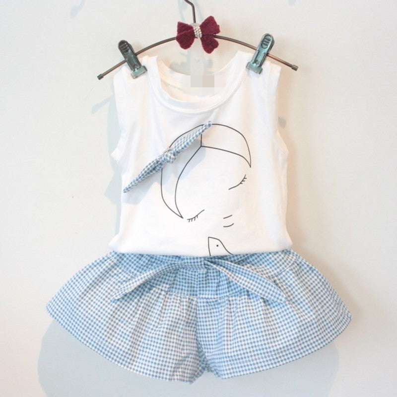Pretty Girls Fashion Clothes Set  - Short Sleeve Shirt Short Skirt 2 Piece Suits Cartoon Girl Bow Cotton Kids Clothes Set