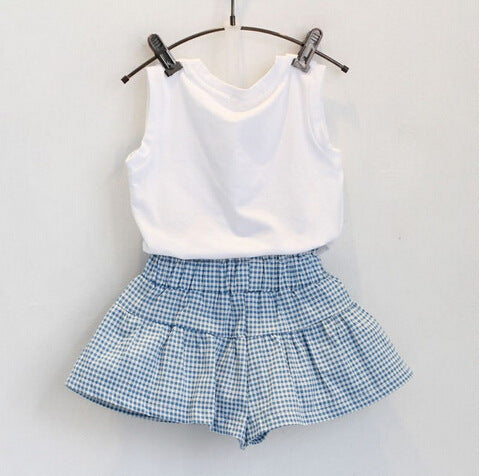Pretty Girls Fashion Clothes Set  - Short Sleeve Shirt Short Skirt 2 Piece Suits Cartoon Girl Bow Cotton Kids Clothes Set