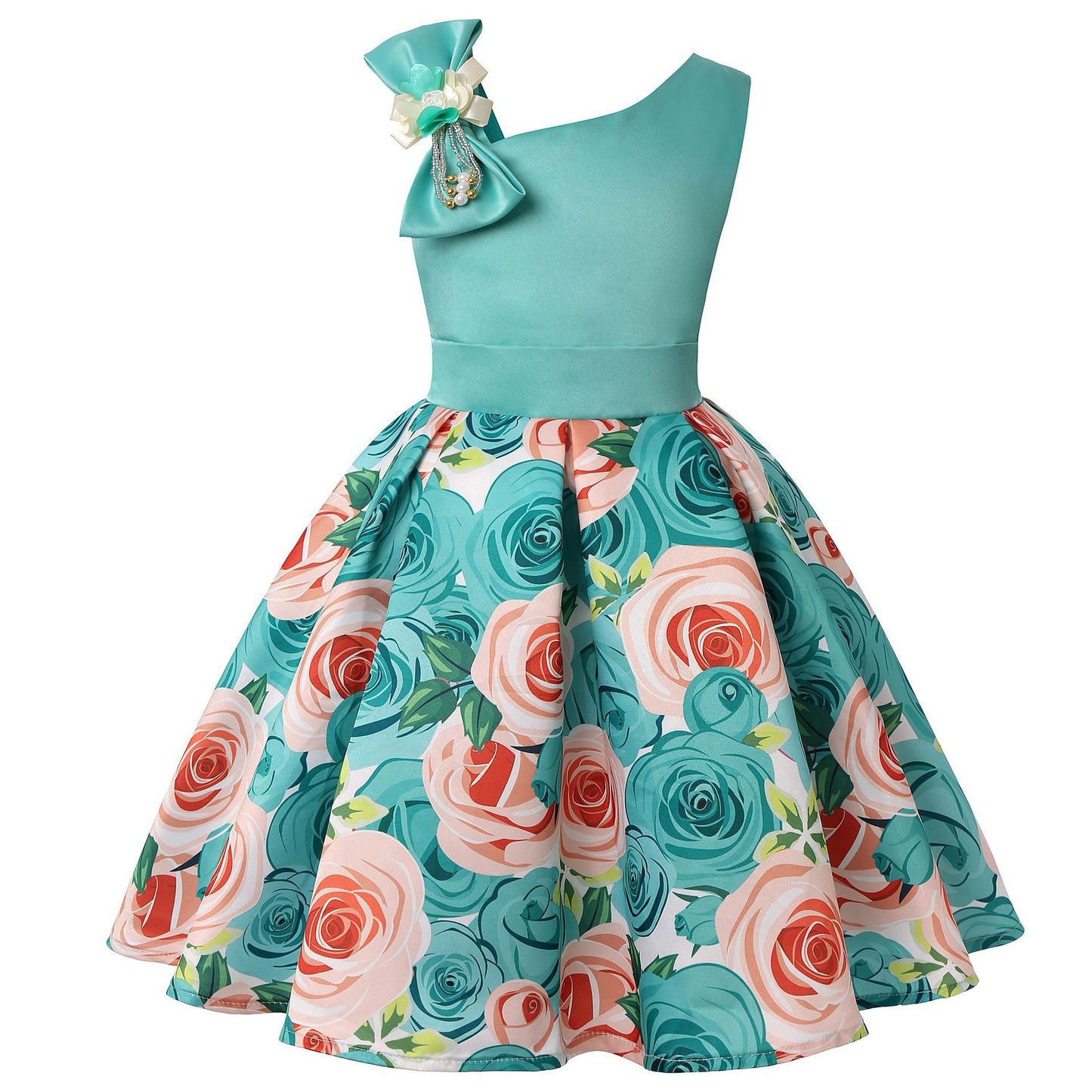 Floral Asymetric Shoulder Ball Dresses - Digital Print Children's Dresses