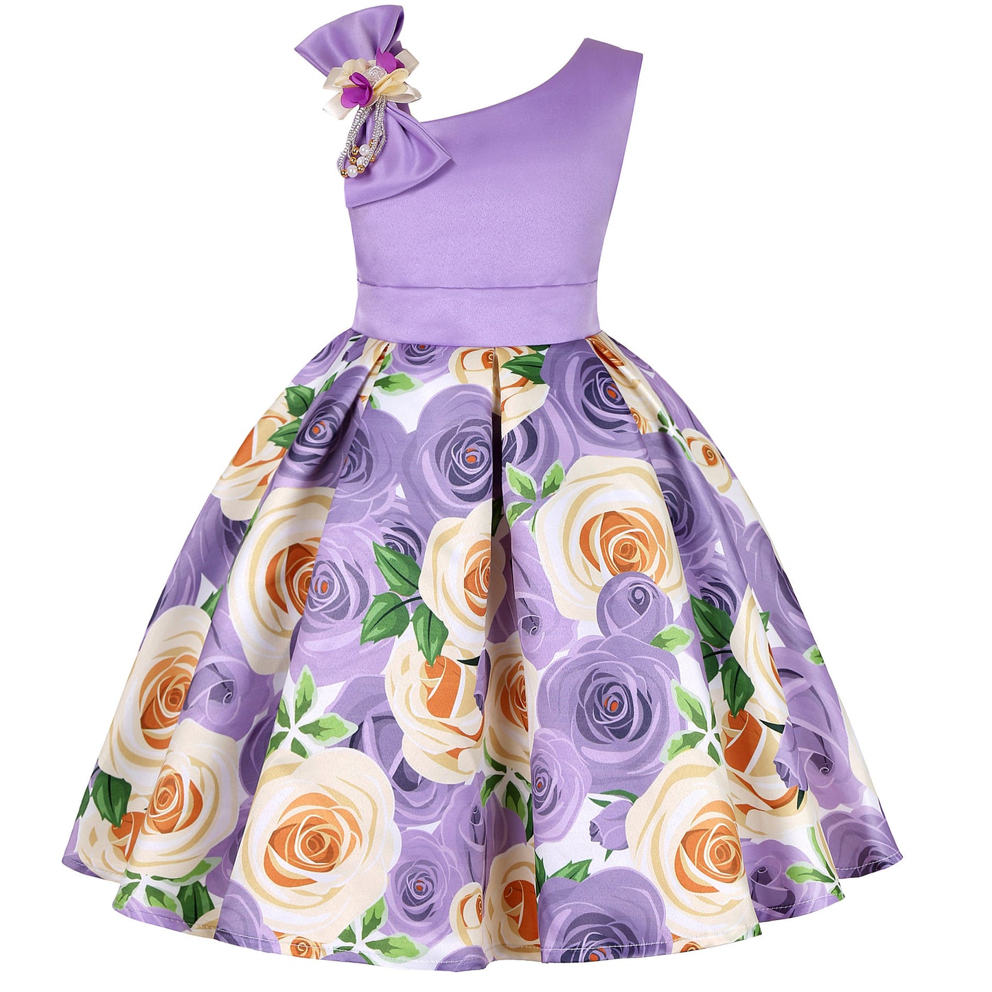 Floral Asymetric Shoulder Ball Dresses - Digital Print Children's Dresses