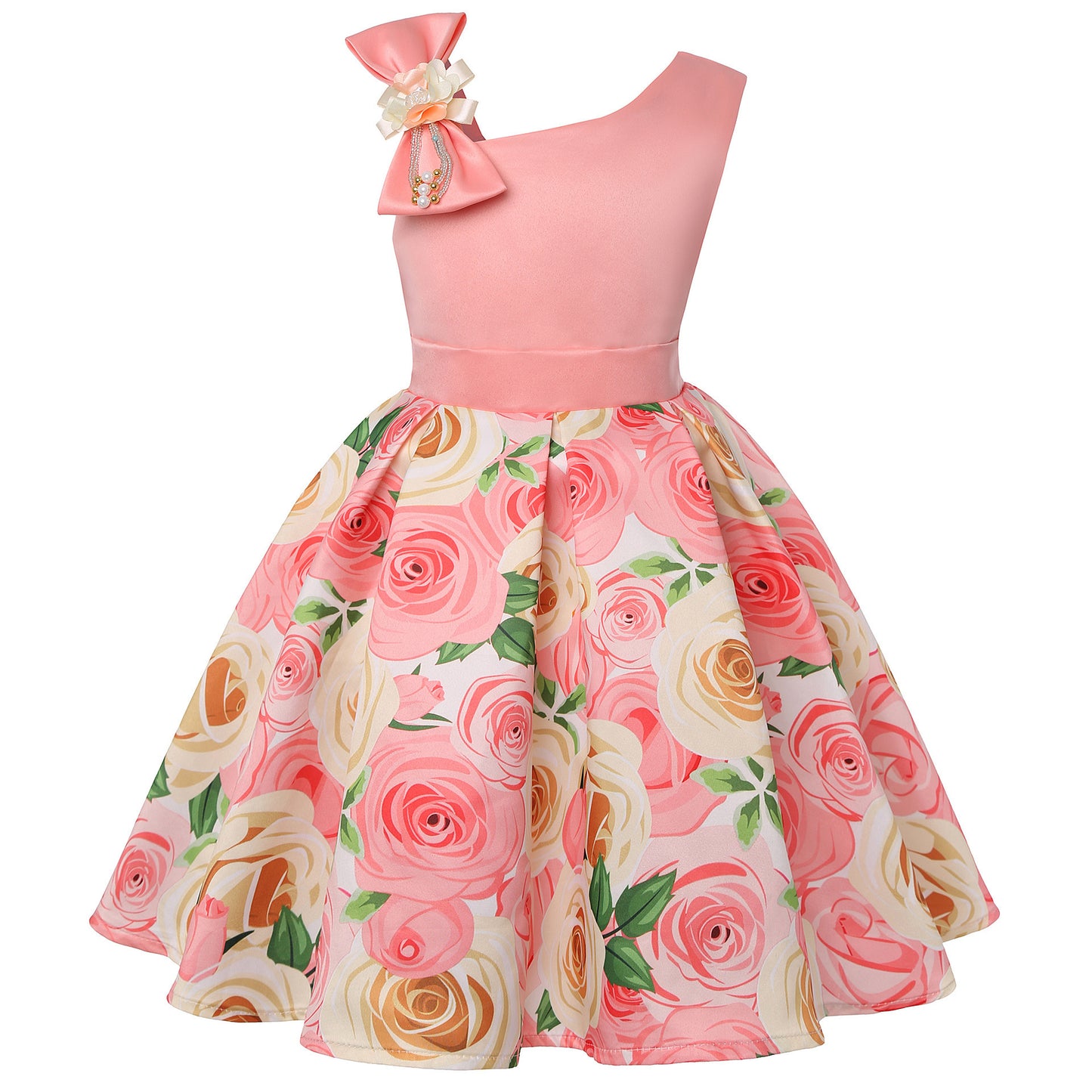 Floral Asymetric Shoulder Ball Dresses - Digital Print Children's Dresses