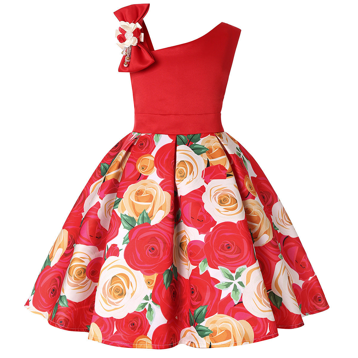 Floral Asymetric Shoulder Ball Dresses - Digital Print Children's Dresses