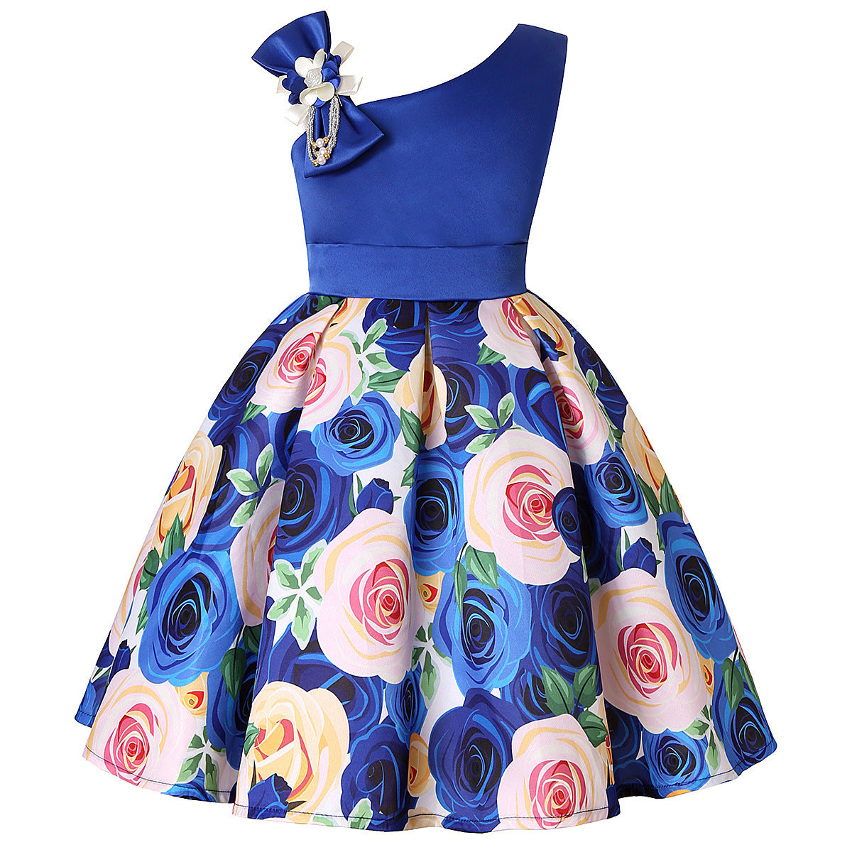 Floral Asymetric Shoulder Ball Dresses - Digital Print Children's Dresses