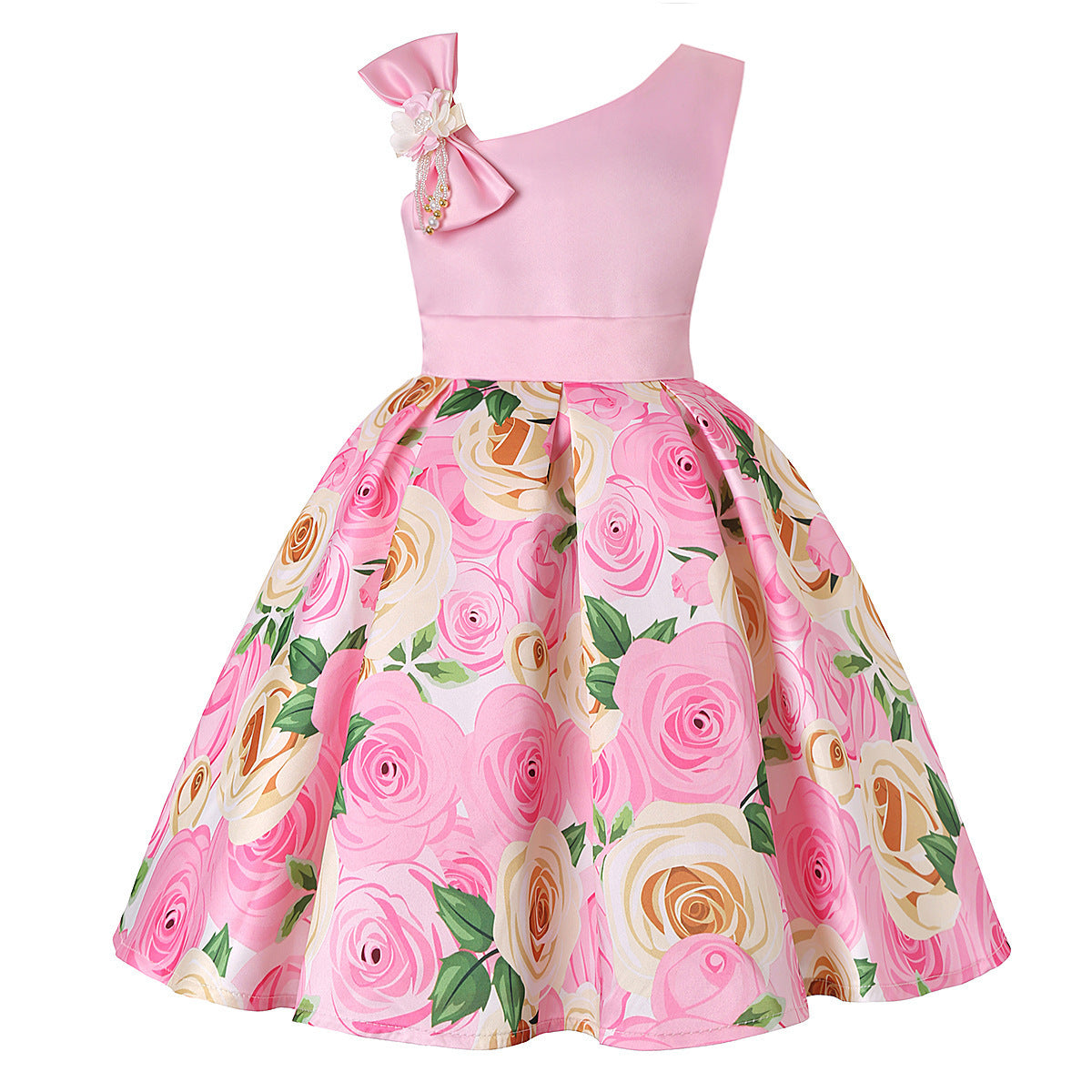 Floral Asymetric Shoulder Ball Dresses - Digital Print Children's Dresses