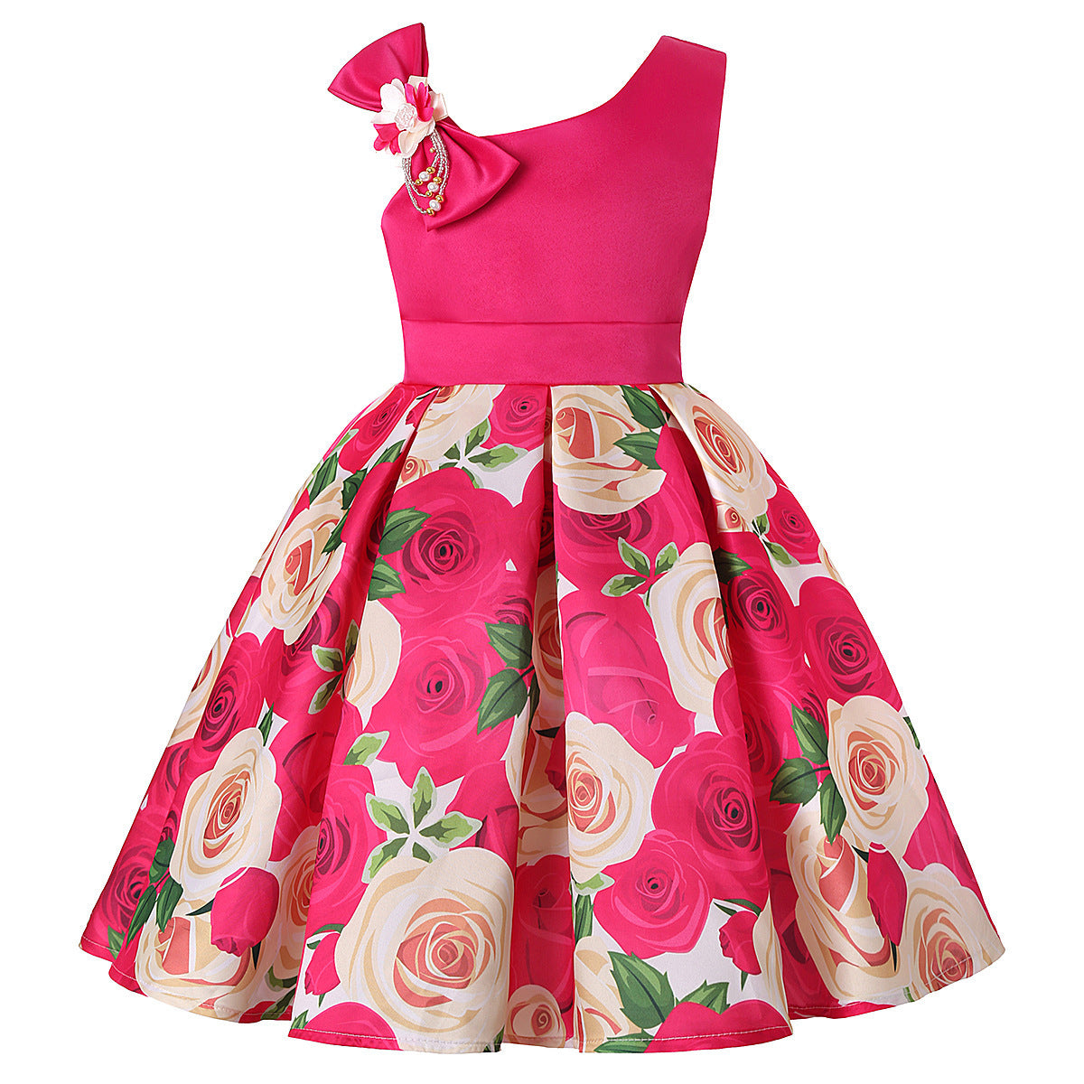Floral Asymetric Shoulder Ball Dresses - Digital Print Children's Dresses