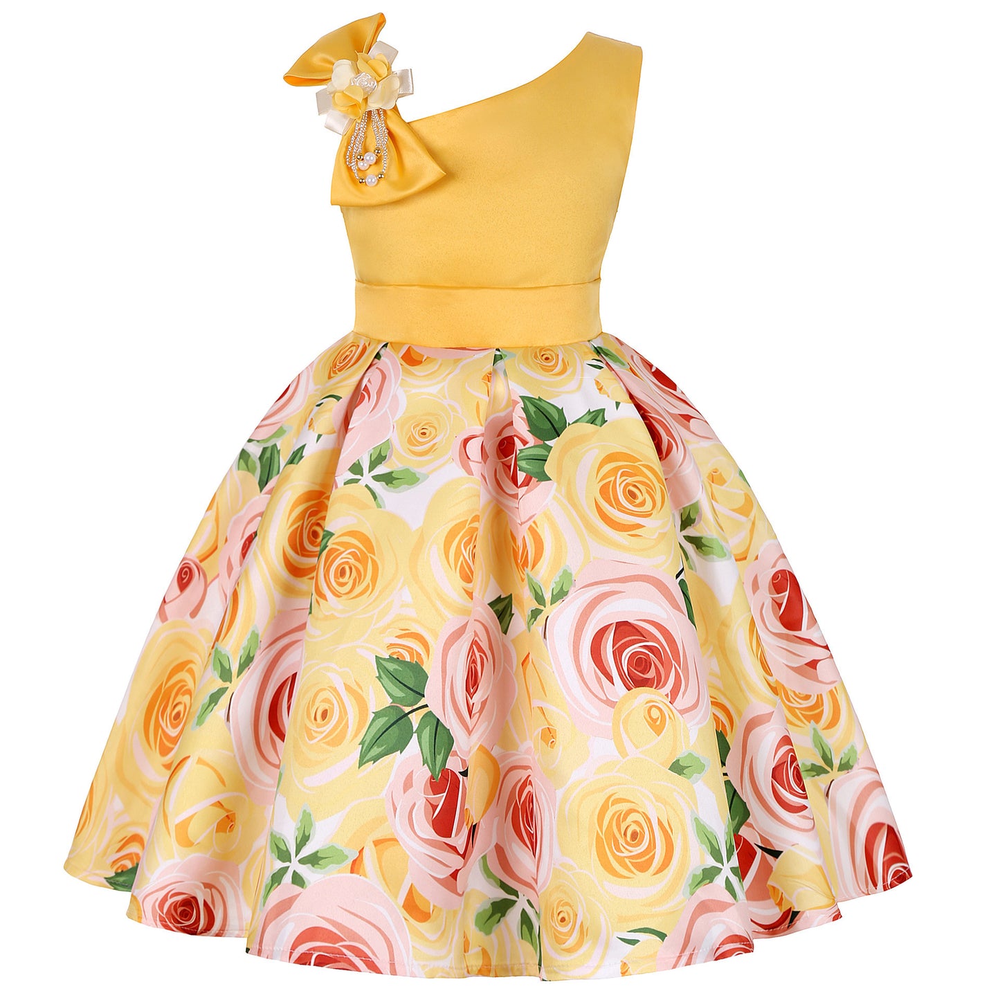 Floral Asymetric Shoulder Ball Dresses - Digital Print Children's Dresses