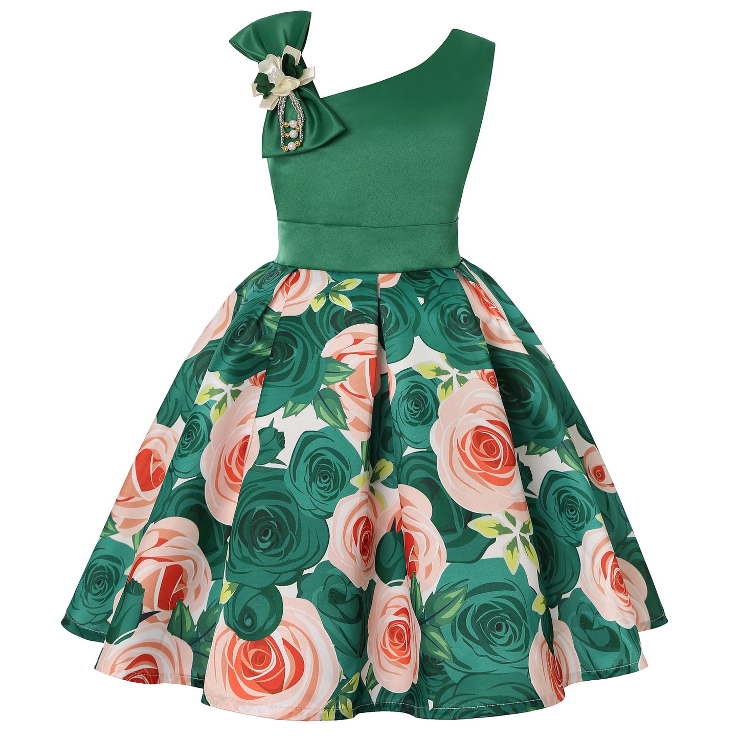 Floral Asymetric Shoulder Ball Dresses - Digital Print Children's Dresses