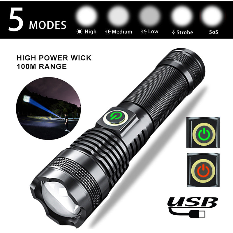 Strong Zoom Flashlight - Battery Display USB Rechargeable Outdoor Lighting Strong Light Flashlight