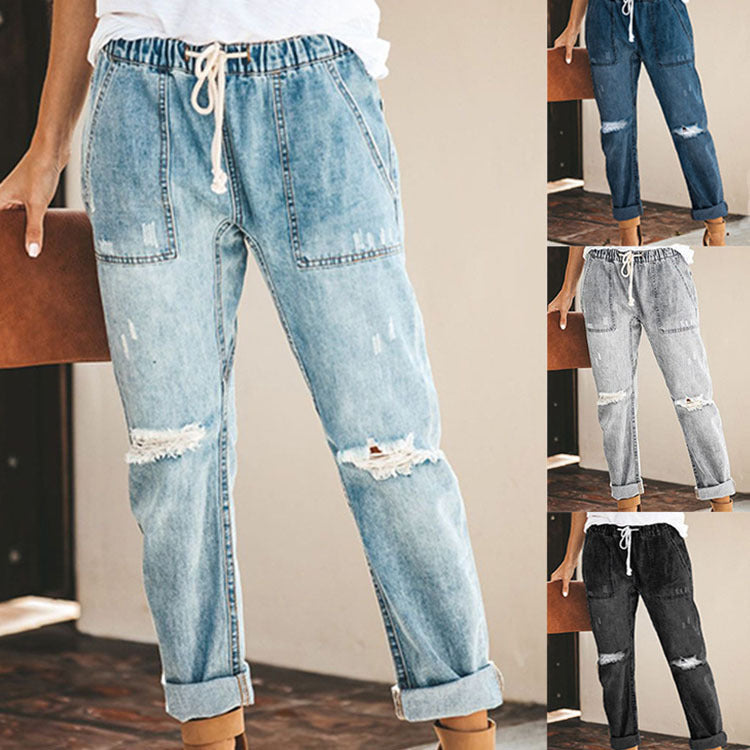 Drawstring Waist Straight Ripped Jeans For Women - Drawstring Trousers With Pockets Fashion Pants