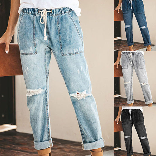 Drawstring Waist Straight Ripped Jeans For Women - Drawstring Trousers With Pockets Fashion Pants